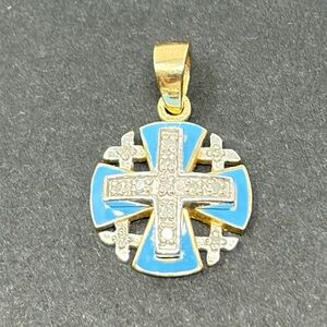 Vintage 14K Gold Jerusalem Cross Pendant Blue Enamel Diamond Accents